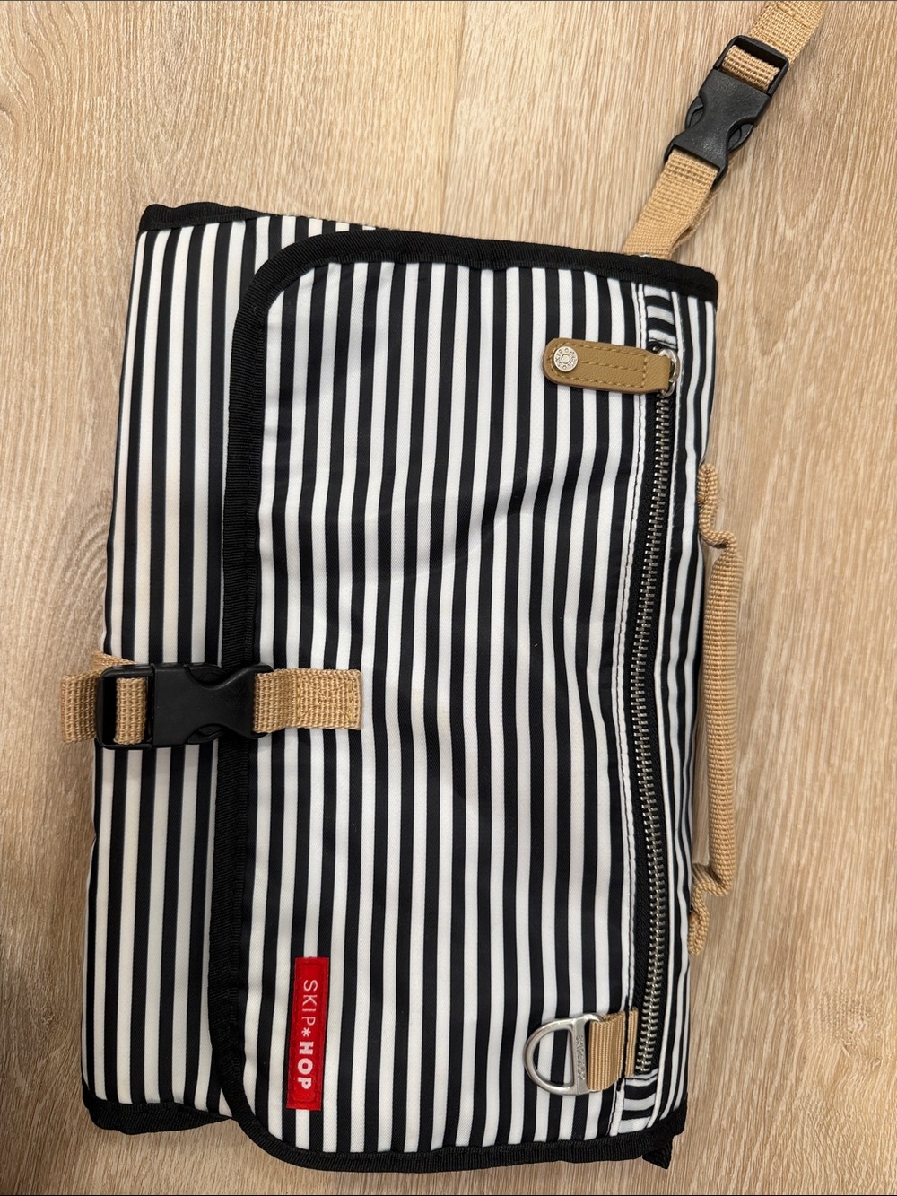 Skip Hop Black & White Striped Toiletry Organizer with Tan Accents